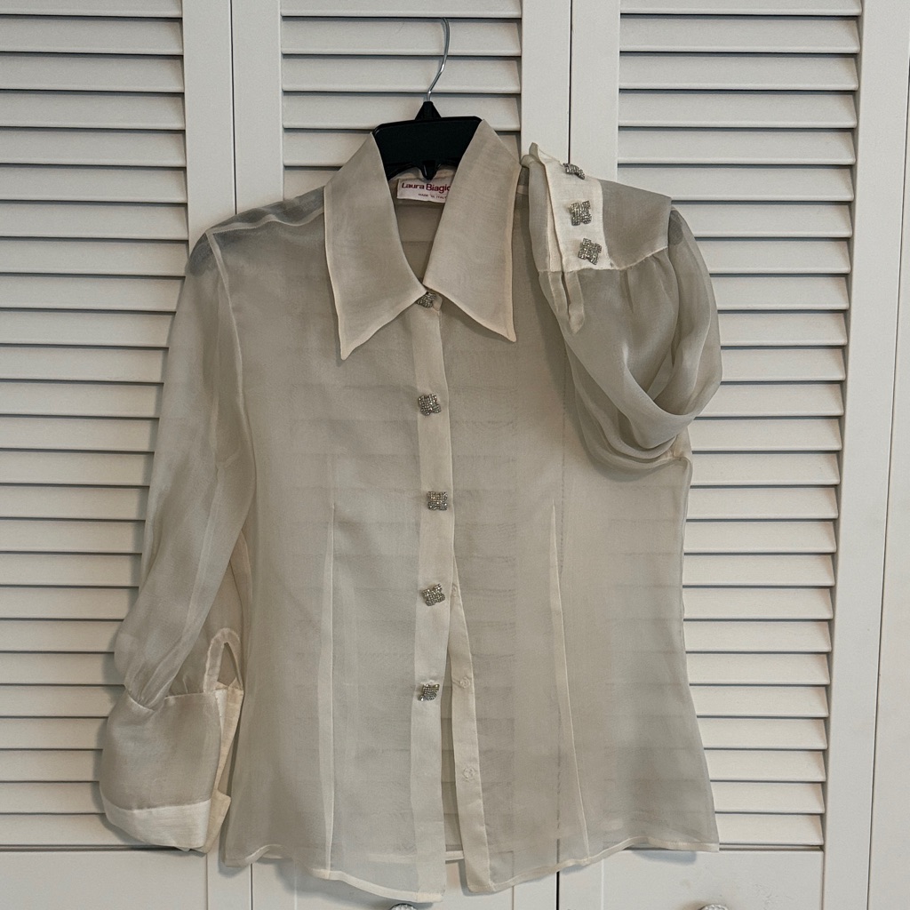 Laura Biagiotti Cream Sheer Blouse With Rhinestone Buttons
